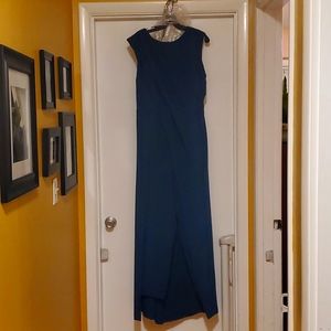 Kay Unger Sleeveless Draped Crew Neck Crepe Walk Thru Jumpsuit Gown